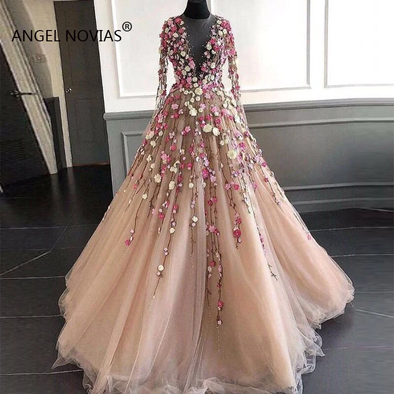 Angel Novias Long Sleeves Champagne Lace Arabic Abendkleider Evening Dress 2019 with 3D Flowers Vestidos De Noche
Angel Novias Long Sleeves Champagne Lace Arabic Abendkleider Evening Dress 2019 with 3D Flowers Vestidos De Noche