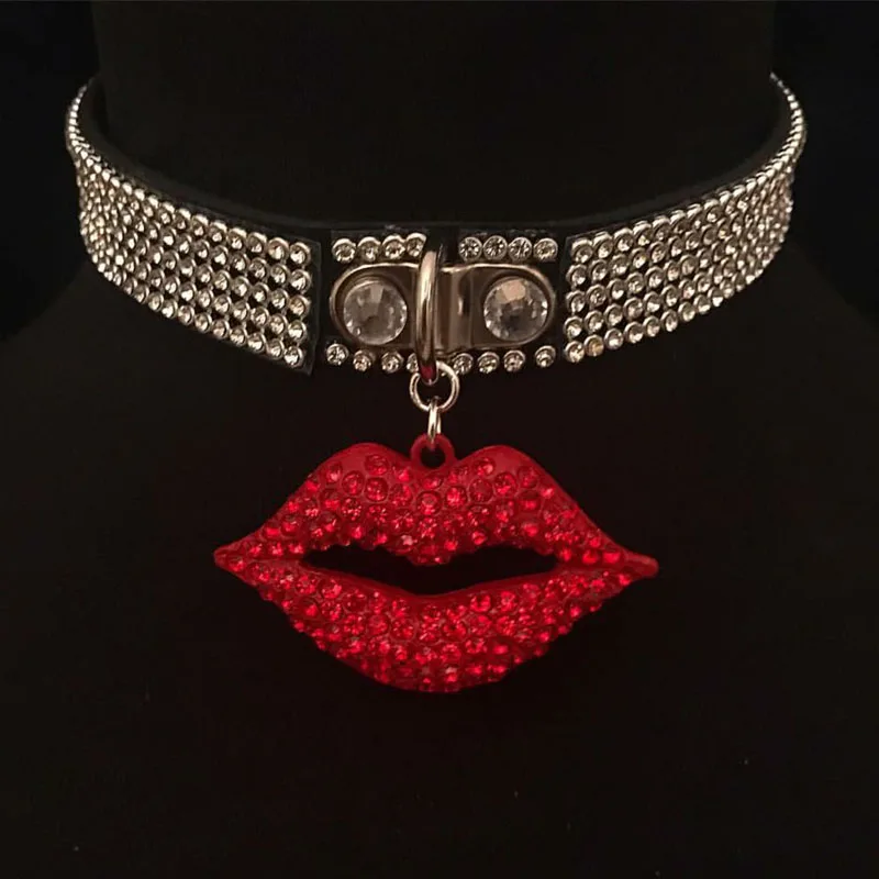 

Handmade Punk Gothic Leather Choker Fetish Collar Crystal Shiny Red Lip Mouth Collar Necklace BDSM Cosplay Collar