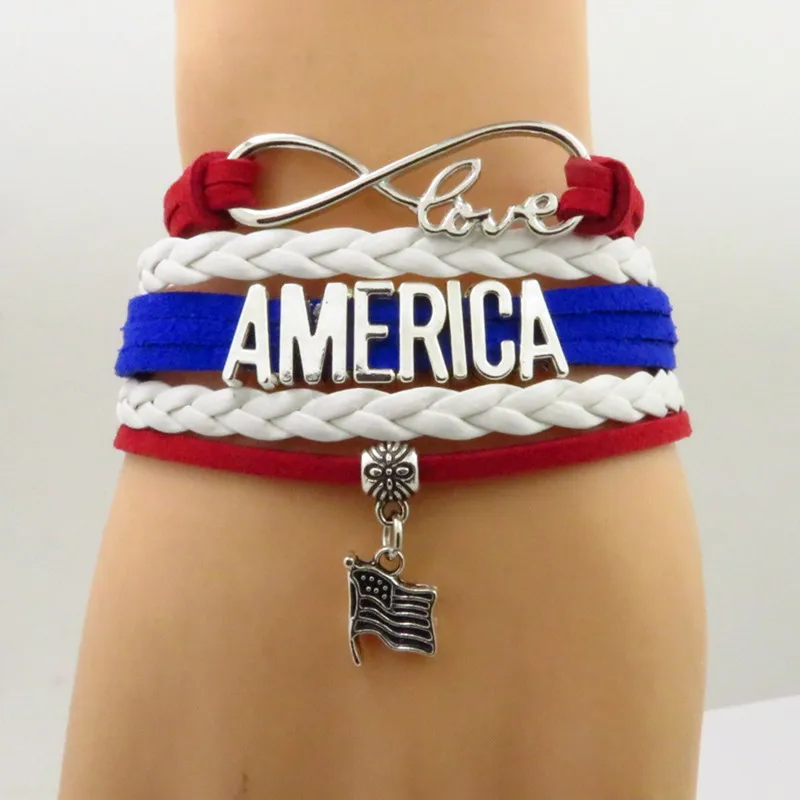 handmade infinity love america bracelet navy blue and red rope and white leather bracelet for woman and man customise words
handmade infinity love america bracelet navy blue and red rope and white leather bracelet for woman and man customise words