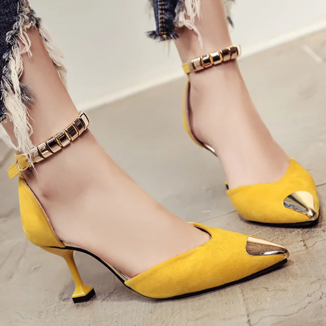 Ladies Pumps Pointed High Heels Thin Stiletto Suede Metal Sexy Party Shoes Wedding 5 CM Buckle Strap Size 34-35 Female Sandal | Обувь