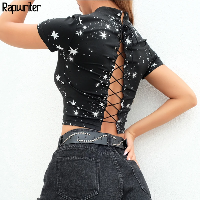 Rapwriter Skinny Back Cross Lace-Up Hollow Out Elastic Star Print Tee Female 2019 Summer O-Neck Short Sleeve Bandage T-Shirt
Rapwriter Skinny Back Cross Lace-Up Hollow Out Elastic Star Print Tee Female 2019 Summer O-Neck Short Sleeve Bandage T-Shirt
