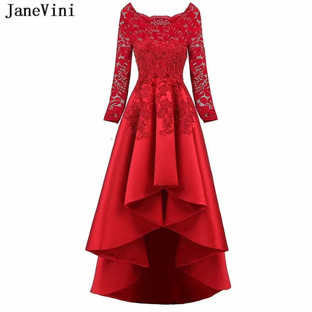 

JaneVini 2019 High Low Red Prom Dresses Scoop Neck Long Sleeves Appliques Beaded Satin Gown Plus Size Prom Dress Galajurken Lang