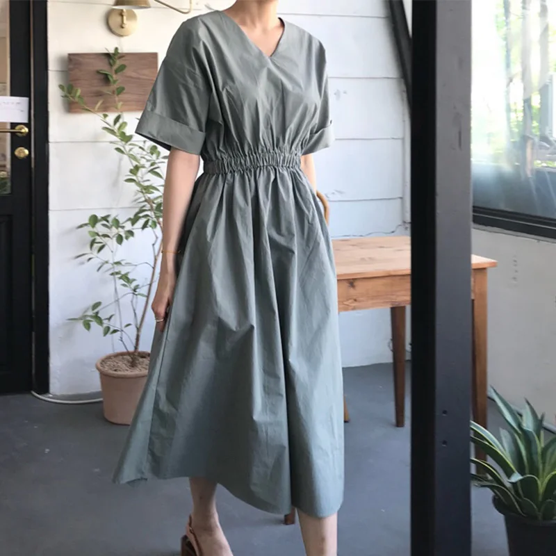 Cotton V-neck High Waist Women's Midi Dress Short Sleeve A-line Vintage Dresses Female Office Lady Spring Summer Loose Vestido
Cotton V-neck High Waist Women's Midi Dress Short Sleeve A-line Vintage Dresses Female Office Lady Spring Summer Loose Vestido
