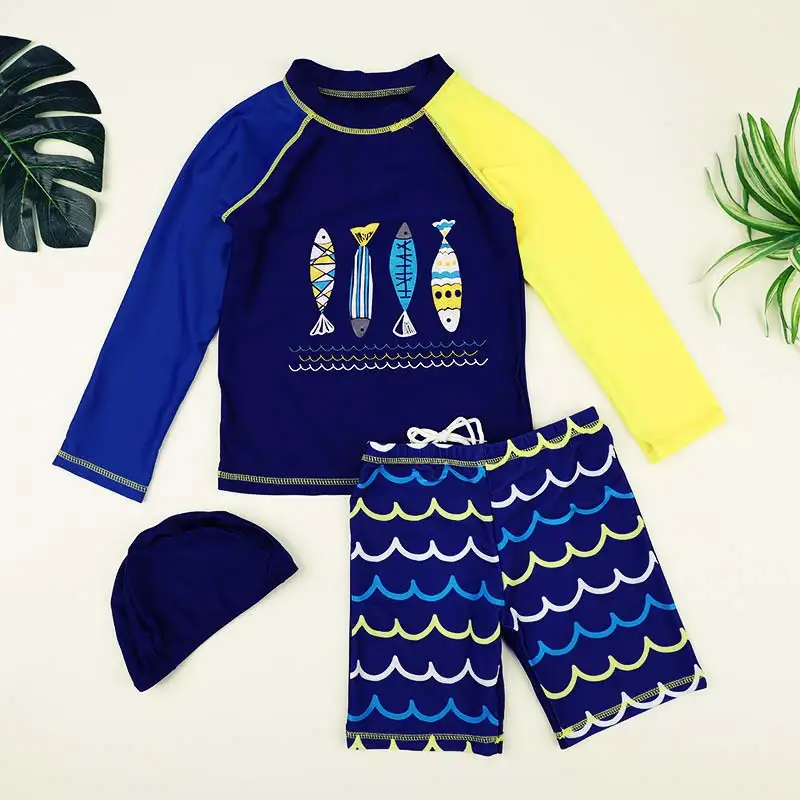 2-10Y Kids Swimwear Children Boys Beach Rash Guards 3Pcs Baby Boy Cartoon Long Sleeve Sunscreen Quick-drying Swimsuit Bathsuit (4)