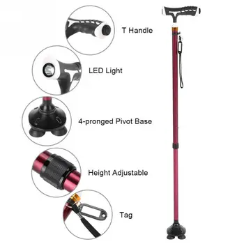 Height Adjustable Aluminum Alloy Folding Cane Crutch with T Handle Led Light 4-pronged Pivot Base
Height Adjustable Aluminum Alloy Folding Cane Crutch with T Handle Led Light 4-pronged Pivot Base