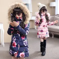 girls winter jacket Korean 5-13 years old girls down coats girl winter fur collar children's parkas hot Flower print hooded image