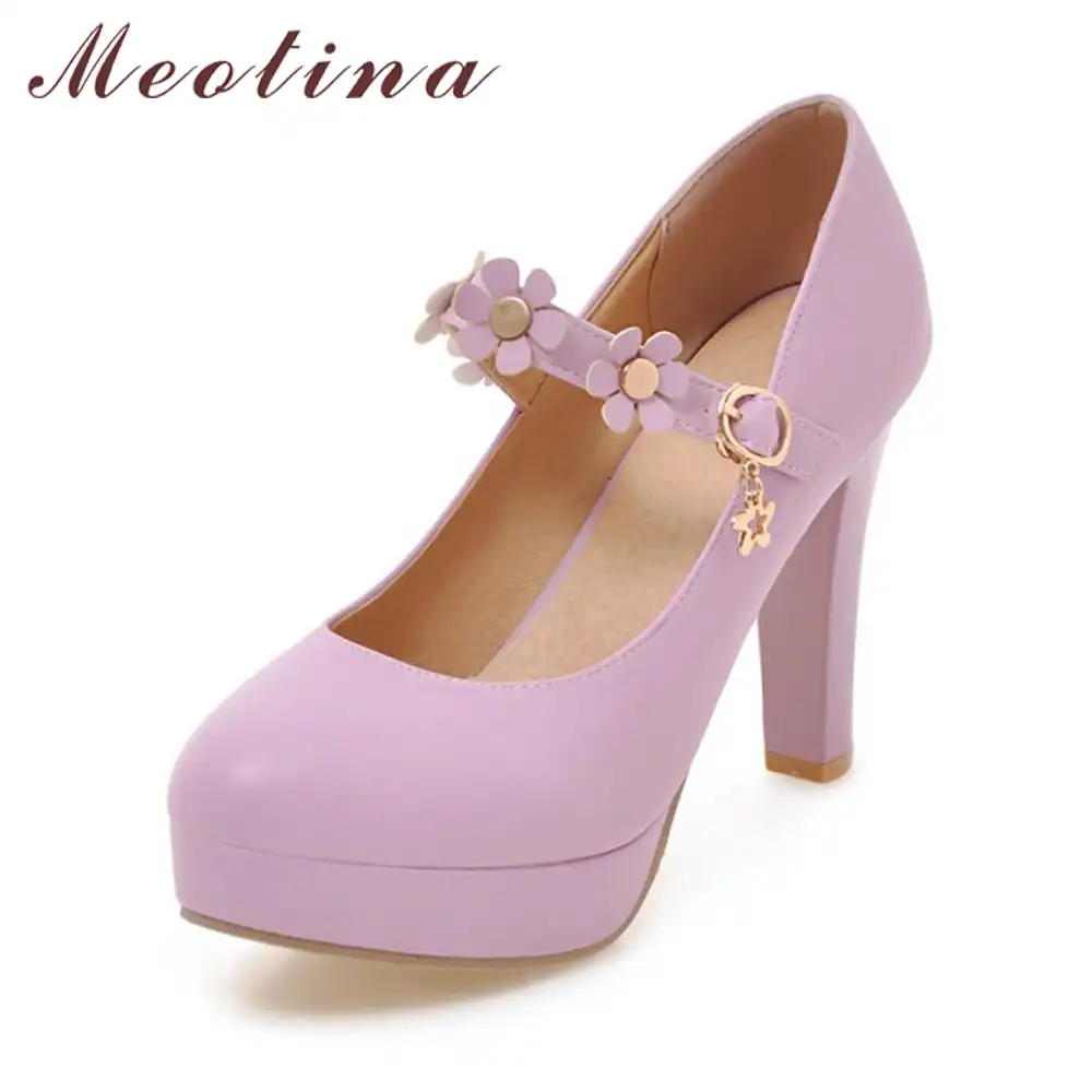 Meotina Women Mary Janes Shoes Platform High Heels Flower White