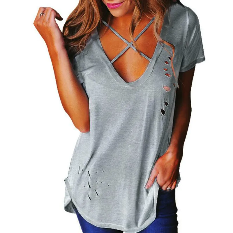 Sexy Holes Summer T-Shirt Women 2018 Cross V Neck Ripped T Shirts Bandage Loose Basic Female Tee Tops Blusas Camisas Mujer
Sexy Holes Summer T-Shirt Women 2018 Cross V Neck Ripped T Shirts Bandage Loose Basic Female Tee Tops Blusas Camisas Mujer