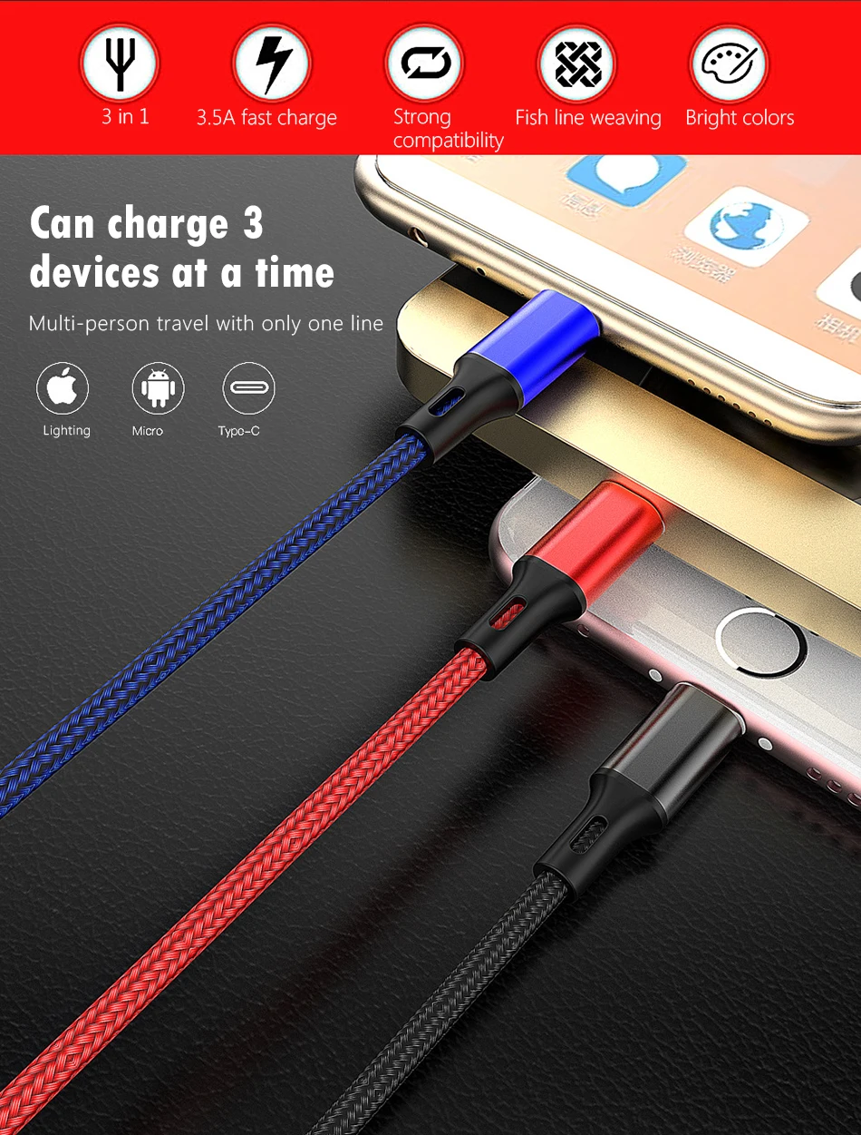 NOHON 3.5A 3 in 1 USB Cable Lighting For iPhone X 8 XS MAX XR 7 6 6s Plus Micro USB Type C For Xiaomi 6 Huawei Charge Cable 1 (2)