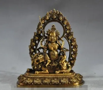 

YM 322 Tibet Buddhism Fane Bronze gilt joss Yellow Jambhala God Ride Lion Buddha Statue