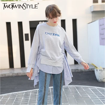 TWOTWINSTYLE Embroidery Sweatshirt for Women Striped Patchwork Pullover Loose Tops Coat Female Clothes Korean Big Sizes Autumn 
TWOTWINSTYLE Embroidery Sweatshirt for Women Striped Patchwork Pullover Loose Tops Coat Female Clothes Korean Big Sizes Autumn