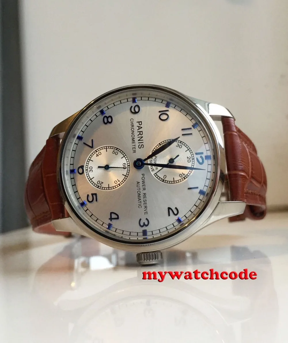 43mm parnis silver dial blue marks brown leather strap power reserve ST2542 automatic movement mens watch P99C
43mm parnis silver dial blue marks brown leather strap power reserve ST2542 automatic movement mens watch P99C