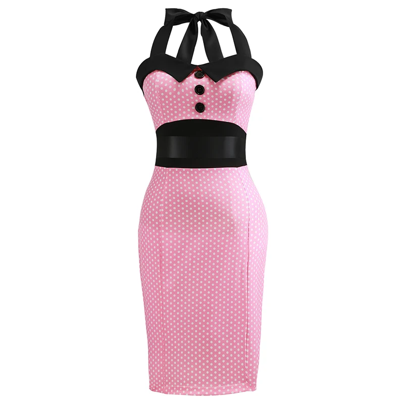 

Retro Pink Polka Dot Audrey Hepburn Robe Vintage Halter Dress Plus Size 3XL 2019 50s 60s Gothic Pin Up Rockabilly Bodycon Dress