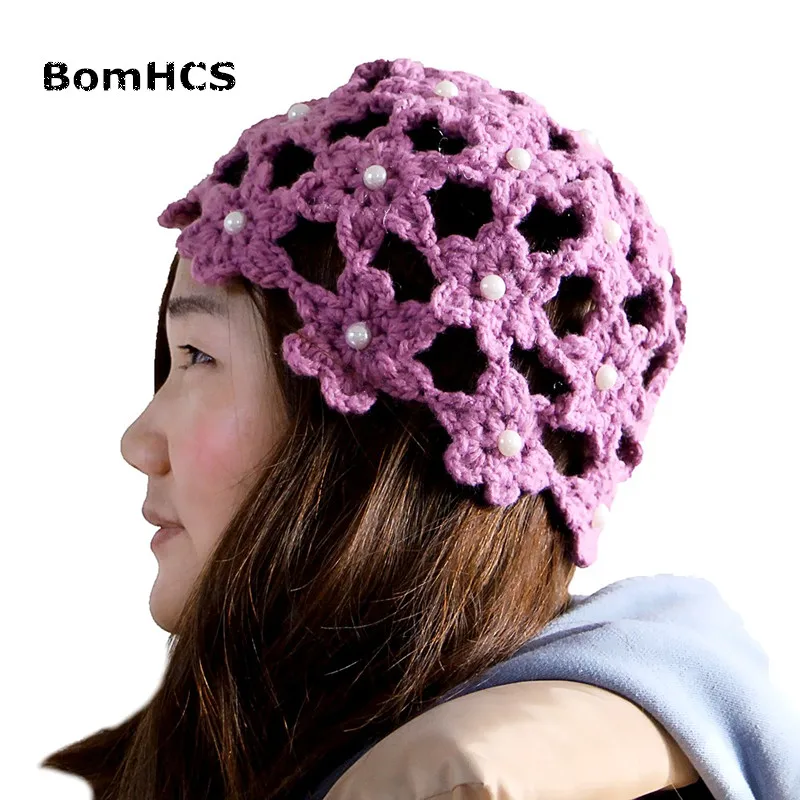 

BomHCS Fashion Women's Girl's Beautiful Handmade Crochet Hollow Beanie with Pearls Cute Flowers Hat Caps