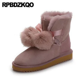 

booties slip on australian winter snow boots women ankle pink new high quality shoes furry pom poms sheepskin real fur flat