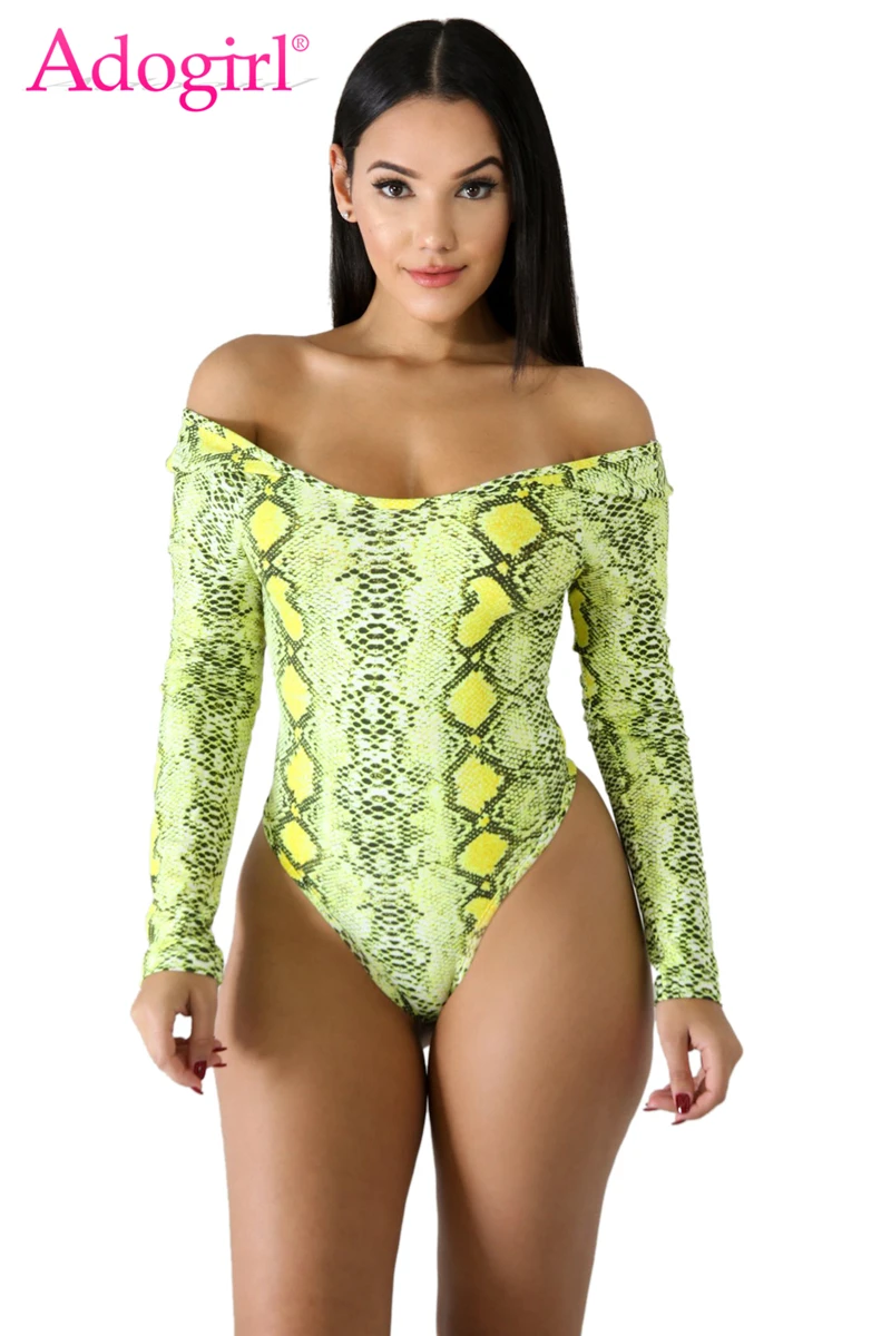 

Adogirl Women Sexy Snakeskin Print Bodysuits Scoop Neck Long Sleeve Casual Romper Fashion Tops Summer Swimwear Swimming Suit
