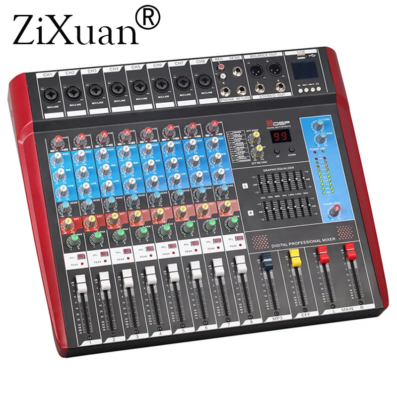 

8 Channels (Mono) Mixing Console with Bluetooth Record 99 DSP effect USB Function Professional Audio Mixer