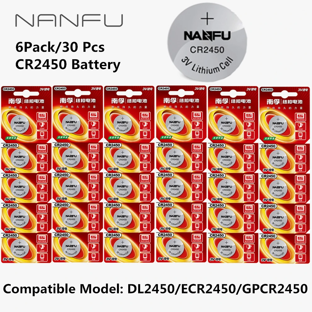 NANFU 6 Pack/30 Pcs 3V Button Battery CR2450 DL2450 ECR2450 GPCR2450 Cell Coin Lithium Li-ion Batteries 24mm*5.0mm
NANFU 6 Pack/30 Pcs 3V Button Battery CR2450 DL2450 ECR2450 GPCR2450 Cell Coin Lithium Li-ion Batteries 24mm*5.0mm