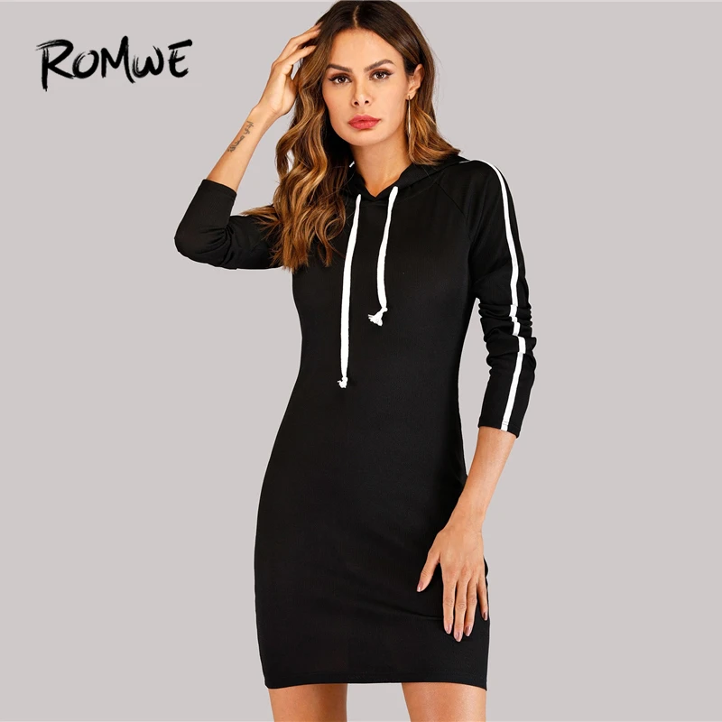 

ROMWE Black Drawstring Contrast Taped Side Hooded Dress Women Clothes Autumn Sporty Clothing Long Sleeve Sweatshirt Dress