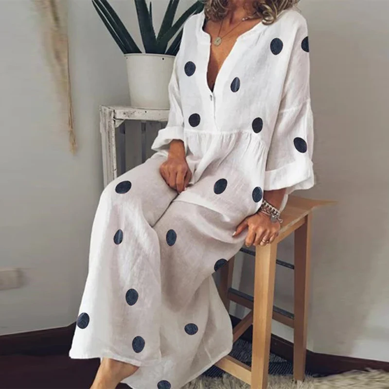 Plus Size 5XL Women Polka Dot Summer Casual Long Sleeve Bohemian Maxi Dress Sexy V Neck Boho Beach Dresses Vintage Vestidos
Plus Size 5XL Women Polka Dot Summer Casual Long Sleeve Bohemian Maxi Dress Sexy V Neck Boho Beach Dresses Vintage Vestidos