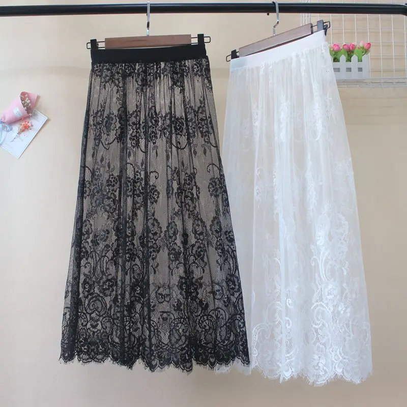 Women Sexy Lace Mesh Long Skirt Vintage Summer Korean High Waist Elastic A-Line Transparent Tulle Black White Midi Skirt 142
Women Sexy Lace Mesh Long Skirt Vintage Summer Korean High Waist Elastic A-Line Transparent Tulle Black White Midi Skirt 142