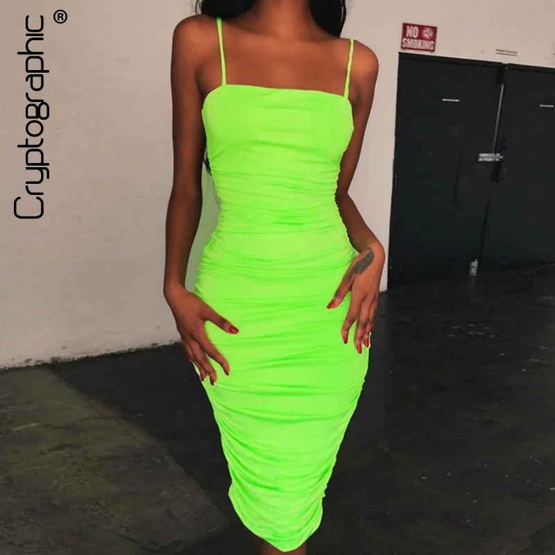 

Cryptographic Ruched fashion sexy backless dress spaghetti straps sundress neon bright sleeveless long dresses 2019 hot summer
