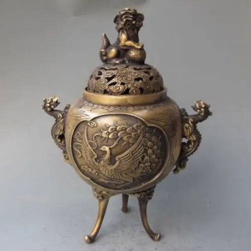Elaborate Chinese Copper Phoenix Incense Burner & Lion Lid with Ming Dynasty Xuan De Mark
Elaborate Chinese Copper Phoenix Incense Burner & Lion Lid with Ming Dynasty Xuan De Mark