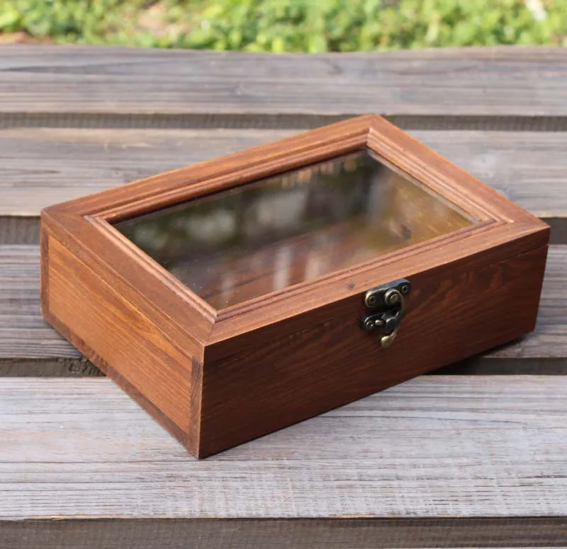 

ZAKKA grocery style retro wooden box with glass cover storage box jewelry box desk orgainzer