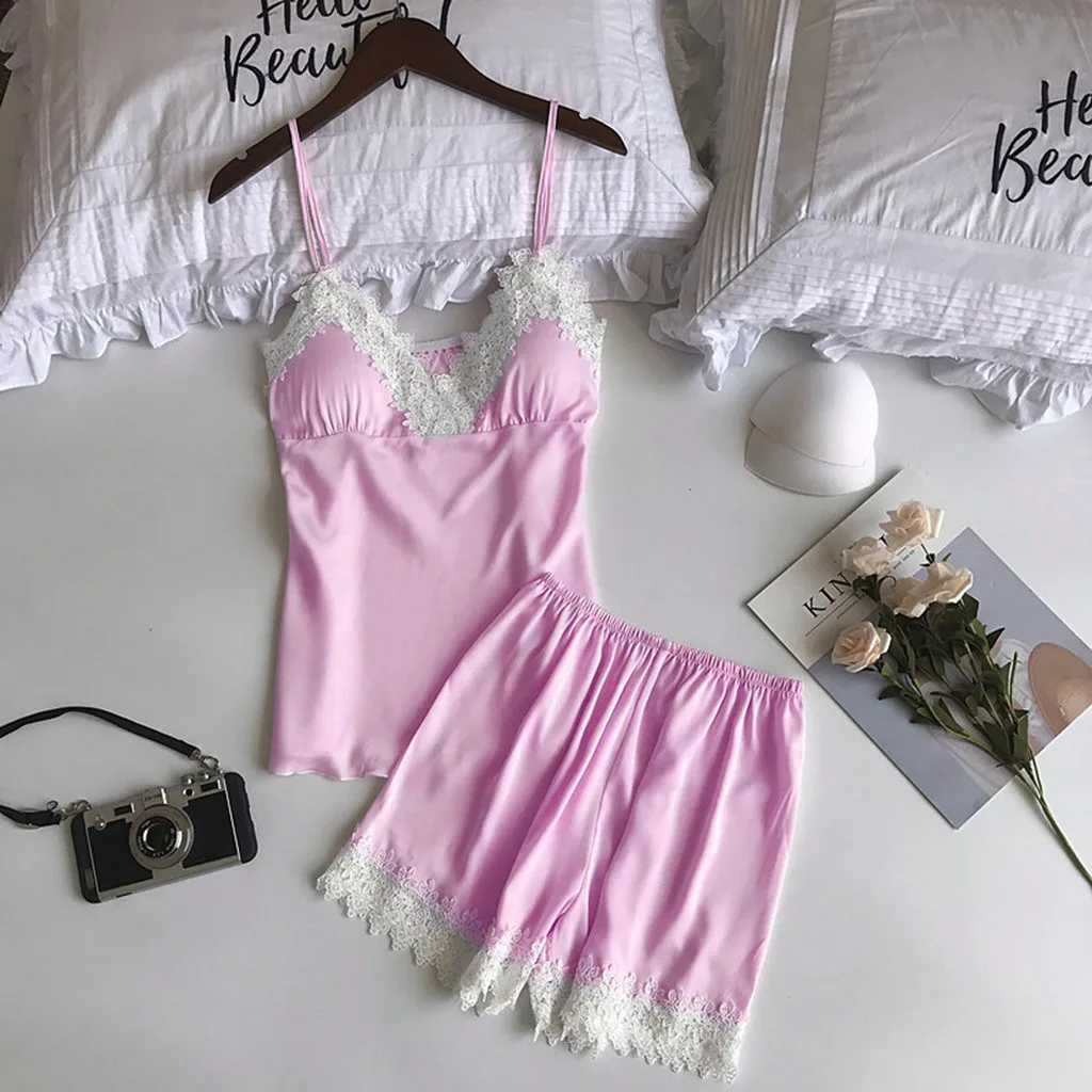 Women Sexy Lace Nightwear Short Sleepwear 2PC Set pijama 2019 New gecelik Solid Comfortable Satin Sling For Female
Women Sexy Lace Nightwear Short Sleepwear 2PC Set pijama 2019 New gecelik Solid Comfortable Satin Sling For Female
