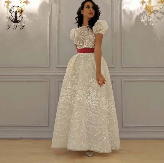 Simple but Elegant Boat Neck Short Puffy Sleeve Lace Ankle Length Prom Dresses 2020
Simple but Elegant Boat Neck Short Puffy Sleeve Lace Ankle Length Prom Dresses 2020