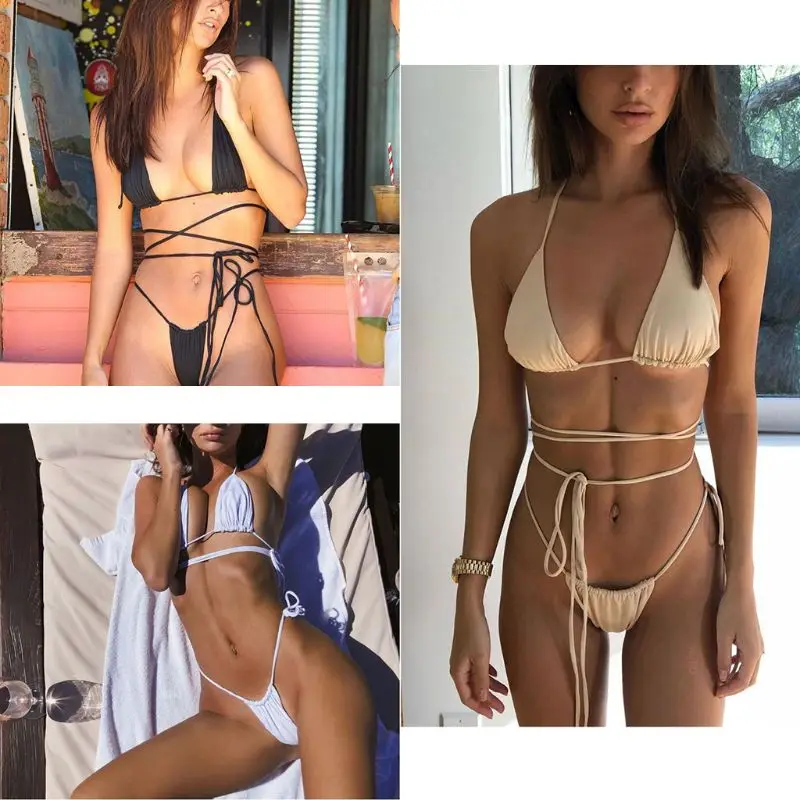 New Women Sexy Bikini Set Halter V-Neck Triangle Bra Low Waist Side Tie T-Back Thong Plain Solid Color Strappy Bandage Swimsuit
New Women Sexy Bikini Set Halter V-Neck Triangle Bra Low Waist Side Tie T-Back Thong Plain Solid Color Strappy Bandage Swimsuit