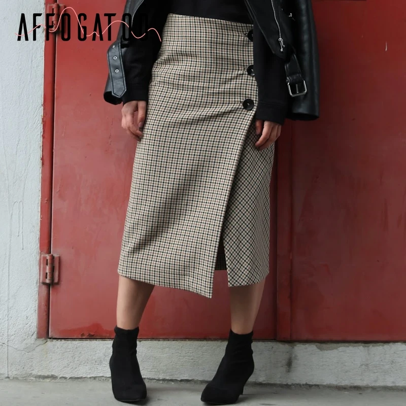 Affogatoo Elegant plaid asymmetrical split skirt women Houndstooth high waist midi skirt Vintage ladies autumn winter skirt 2018
Affogatoo Elegant plaid asymmetrical split skirt women Houndstooth high waist midi skirt Vintage ladies autumn winter skirt 2018