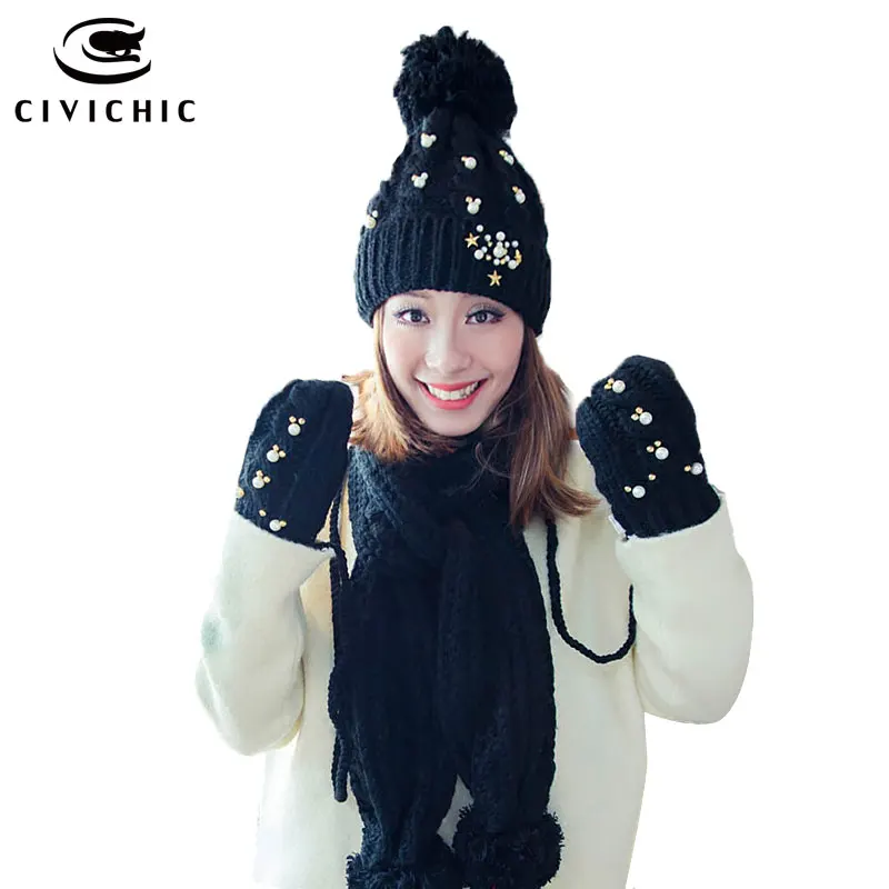 CIVICHIC Top Grade Warm Set Woman Knit Hat Scarf Gloves Beads Pompon Shawl Winter Headwear Velvet Beanies Thicken Mittens SH175
CIVICHIC Top Grade Warm Set Woman Knit Hat Scarf Gloves Beads Pompon Shawl Winter Headwear Velvet Beanies Thicken Mittens SH175