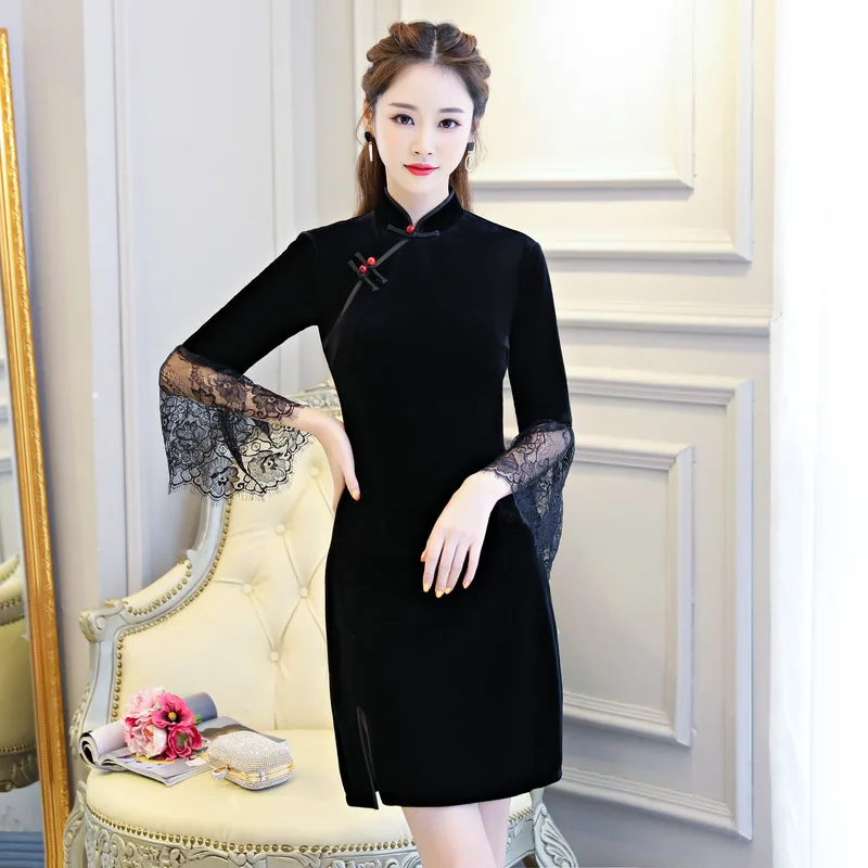 Sexy Black Velvet Short Cheongsam Dress Mini Qipao Horn Sleeve Velour Cheongsams Chinese Traditional Women Oriental Wedding Gown
Sexy Black Velvet Short Cheongsam Dress Mini Qipao Horn Sleeve Velour Cheongsams Chinese Traditional Women Oriental Wedding Gown