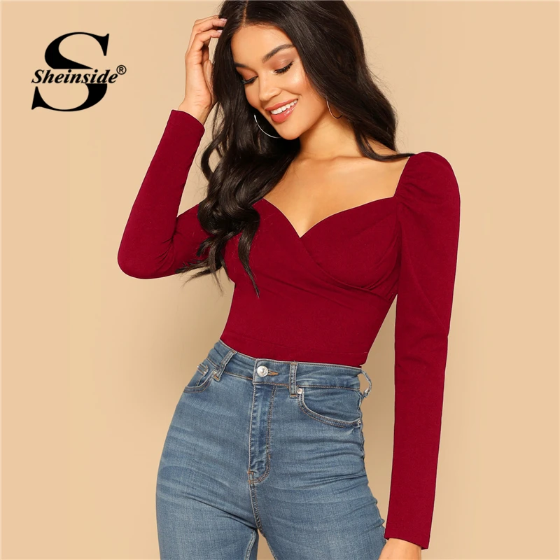 

Sheinside Burgundy Zip Back Puff Sleeve Elegant Blouse Women Sweetheart Neck Wrap Front Fitted Top Female Long Sleeve Blouses