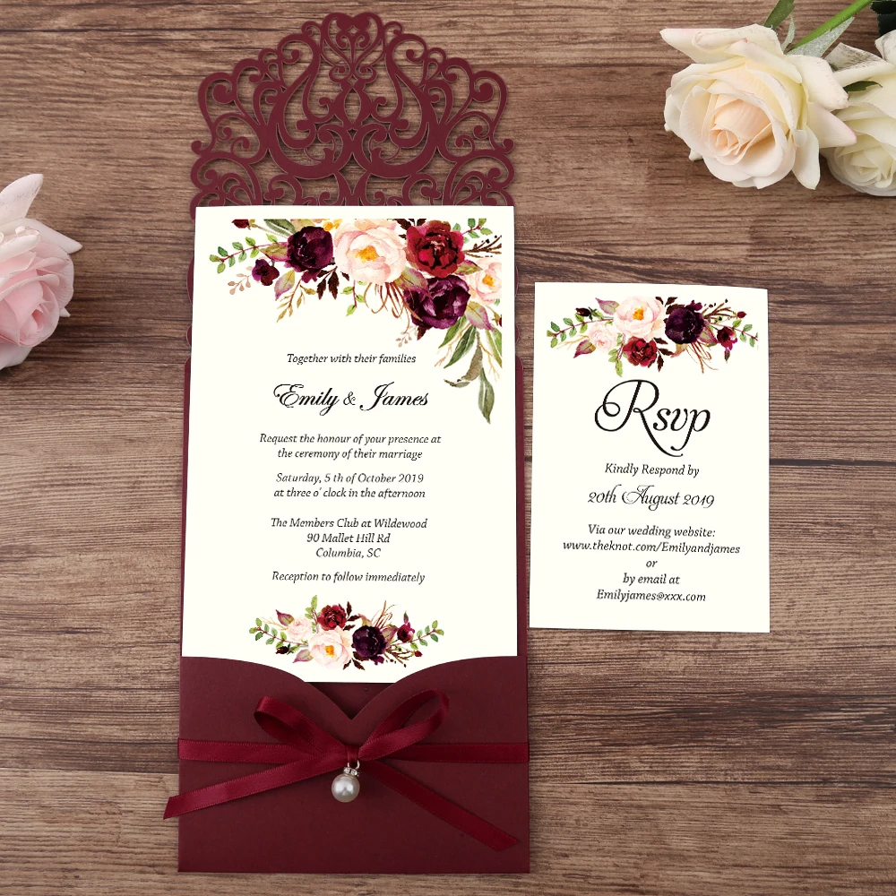 50pcs Burgundy New Arrival Horizontal Laser Cut Wedding Invitations with RSVP card,pearl ribbon,Customizable
50pcs Burgundy New Arrival Horizontal Laser Cut Wedding Invitations with RSVP card,pearl ribbon,Customizable