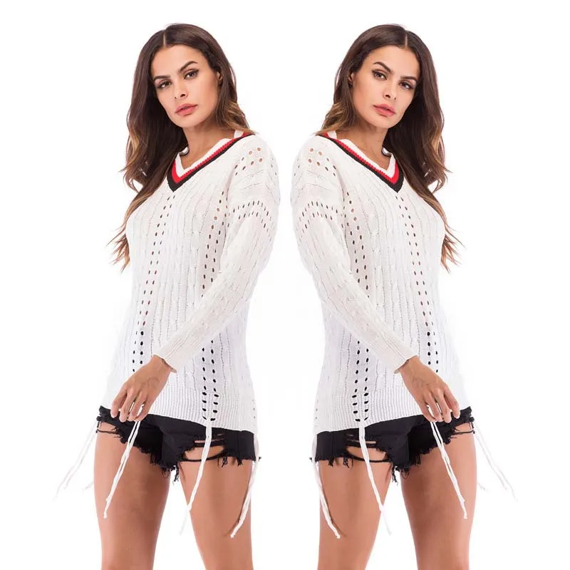 Autumn White Sweater Women Tassel Thin V-Neck Knitted Long Sleeve Spring Patchwork Hollow Out Casual Pullovers Ladies | Женская одежда