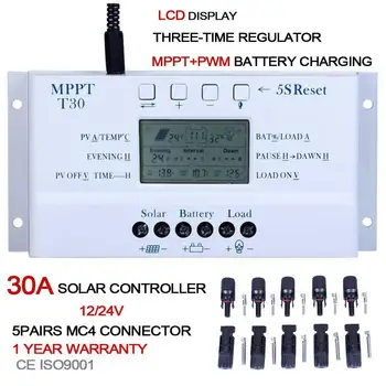 

Solar Panel Regulator LCD 30A 12V/24V MPPT Charge Controller & USB 3 timer Temp Sensor + 5 pairs M/F Cable Connector A609