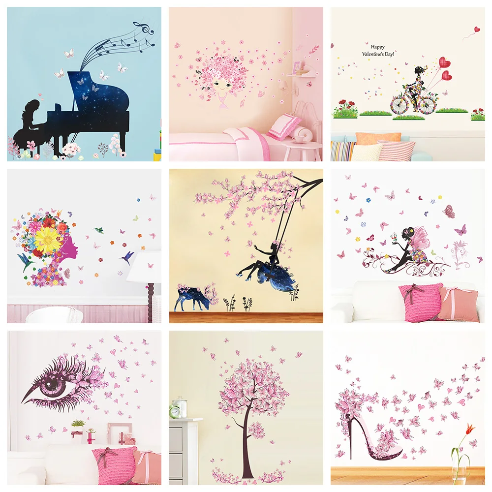 

Romantic Sakura Flowers Fairy Eye Butterfly Wall Stickers For Girls Room Home Decoration Diy Bicycle Piano Wall Art Kids Decals