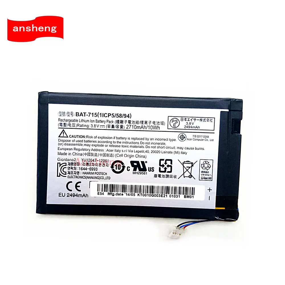 High Quality 2710mAh BAT-715 battery for Acer Iconia Tab B1 B1-A71 B1-710 BAT715 BAT 715 ( With 3 Cables) Smartphone
High Quality 2710mAh BAT-715 battery for Acer Iconia Tab B1 B1-A71 B1-710 BAT715 BAT 715 ( With 3 Cables) Smartphone