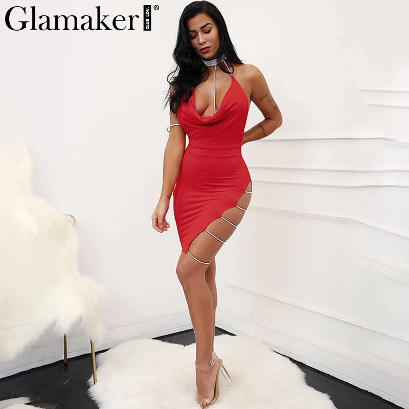 Glamaker Hot drilling chain sexy women dress Side split deep v neck 2018 summer dress vestidos Backless party mini dress female
Glamaker Hot drilling chain sexy women dress Side split deep v neck 2018 summer dress vestidos Backless party mini dress female