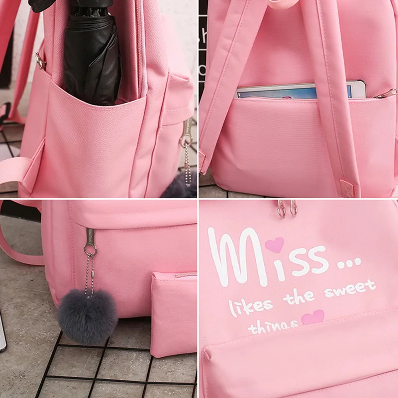 Bag - 5pcs/set School Bag for Teenager Student Girls Women Canvas Backpack Bow Bundle Backpack Solid Mochila Backpack Schoolbag
