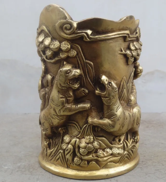 Metal Crafts Chinese Qianlong Hand-carved Five Tiger Pen Holder Brass Sculpture fast Shipping
Metal Crafts Chinese Qianlong Hand-carved Five Tiger Pen Holder Brass Sculpture fast Shipping