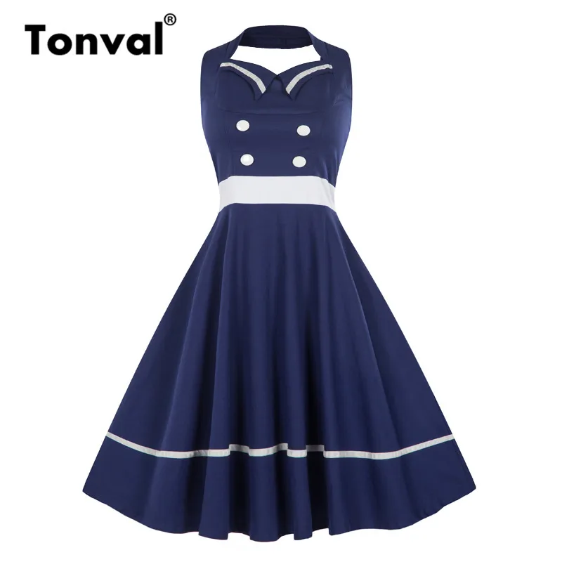 Tonval Halter Elegant Rockabilly Vintage Dress A Line Blue Backless Women Party Dress Ladies Cotton Swing Dresses
Tonval Halter Elegant Rockabilly Vintage Dress A Line Blue Backless Women Party Dress Ladies Cotton Swing Dresses