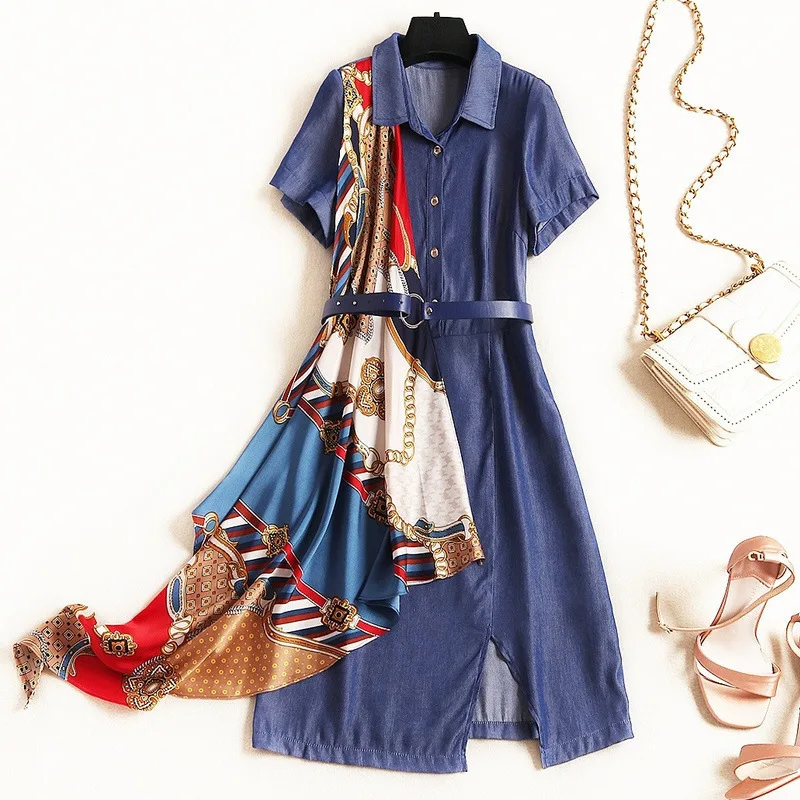 Women's clothing Tencel denim dress lapel belt stitching irregular printed scarves fake two Women's Dress
Women's clothing Tencel denim dress lapel belt stitching irregular printed scarves fake two Women's Dress