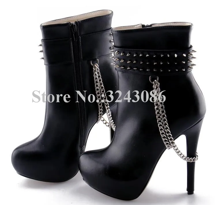 

Sexy Black Leather Rivets Chains Thin Heel Lady Ankle Boots Fashion Best Design Female Short Boots Hot Sale Women Shoes