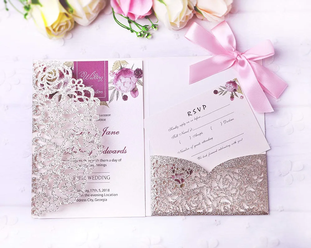 PONATIA 20 PCS Gold Glitter Laser Cut Bling Invitations Card With Ribbon For Wedding Bridal Shower Engagement Birthday
PONATIA 20 PCS Gold Glitter Laser Cut Bling Invitations Card With Ribbon For Wedding Bridal Shower Engagement Birthday