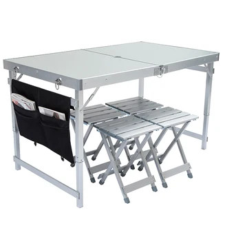 Folding outdoor table and chair set aluminum camping table with four stools 
Folding outdoor table and chair set aluminum camping table with four stools