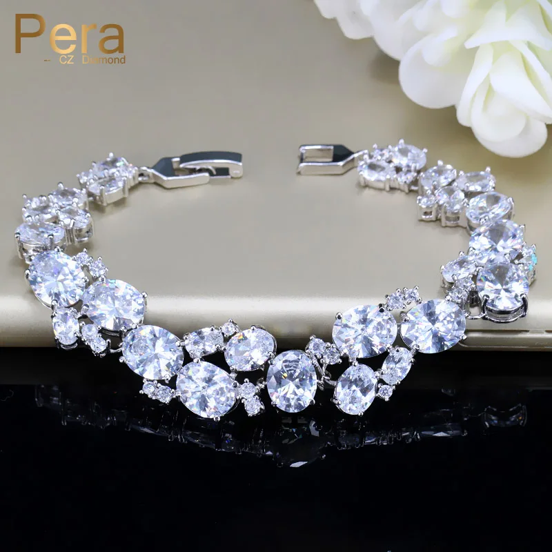 

Pera Sparkling Women Engagement Party Jewelry Silver Color Big Round Connected CZ Bangles Bracelets for Best Friend Gift B127