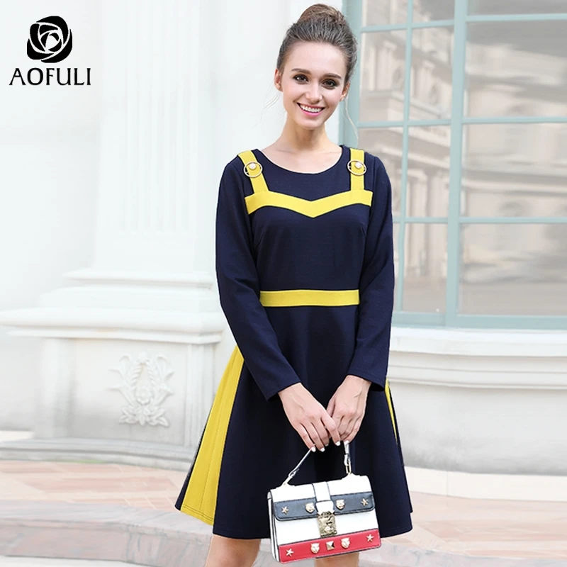 L- 4XL British Elegant Patchwork Autumn Dress Brand Long Sleeve Contrast A-line Big Size Dress With Diamond AOFULI B6273
L- 4XL British Elegant Patchwork Autumn Dress Brand Long Sleeve Contrast A-line Big Size Dress With Diamond AOFULI B6273